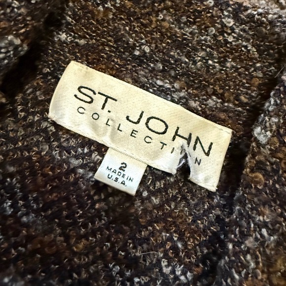 St. John Collection women's Brown Knit Tweed Jacket Leather Trim Zip‎ Front 2